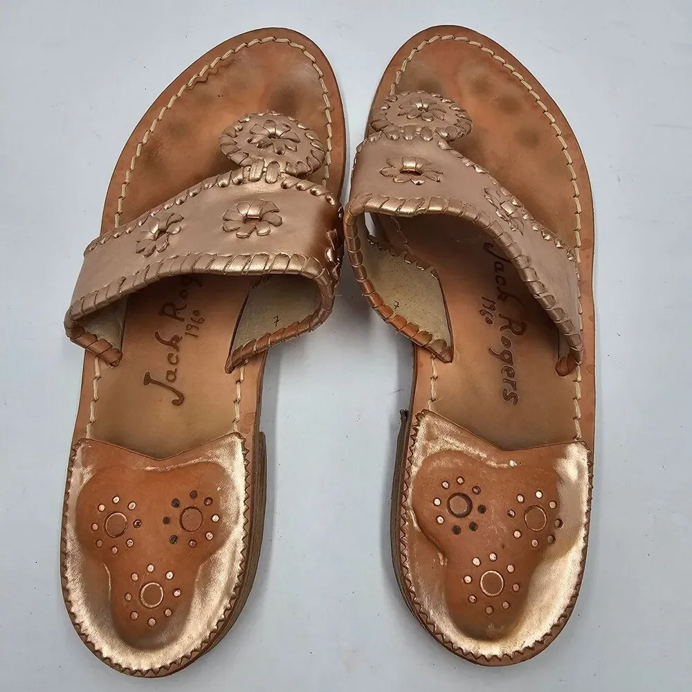 Jack Rogers Jacks Metallic Rose Gold Leather Round Medallion Sandals Womens 7